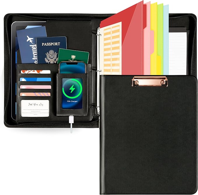 Ospelelf Leather Clipboard with Storage, Zippered Padfolio Portfolio Organizer, 3 Ring Binder 1 Inch, Notepad, Tablet Sleeve, 5 Dividers with Pocket for Office, Nurses, Students, Teachers Black by OspelelfOfficeSupplies