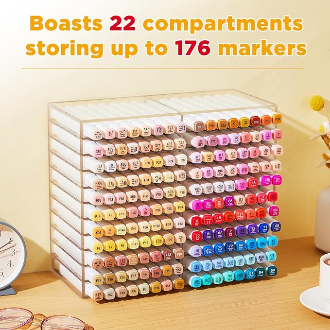 MotiMind Acrylic Marker Organizer for 176 Marker, Large Art Pencil Holder Storage Rack for Desk, Pens Art Brushes Display Stand with 22 Compartments for Desktop, Office (Clear, 176 Capacity) - Image 4