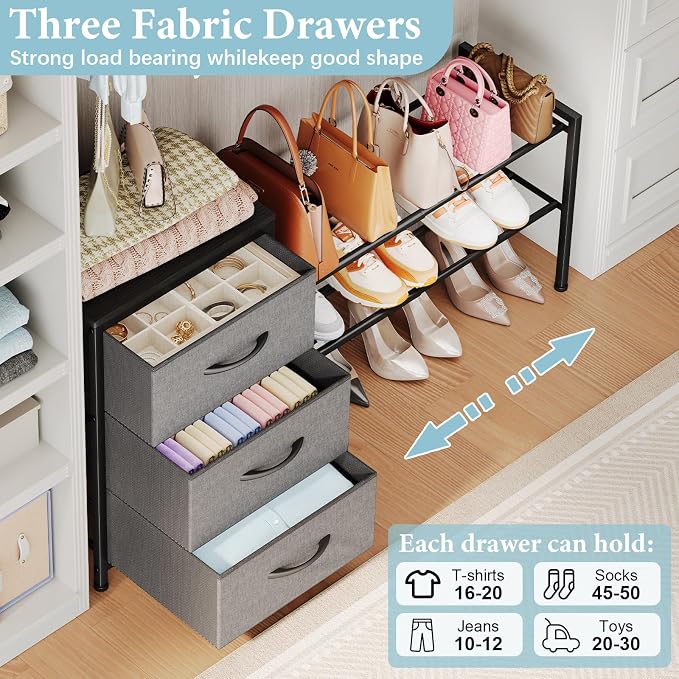 Cidaziya Expandable Closet Organizers and Storage, Black Fabric Storage Dresser, 3 Drawer Dresser, Clothes Shelves for Kids, Purse Organizer Small Shoe Rack for Closet Bedroom(31.29~43.42 in) - Image 3