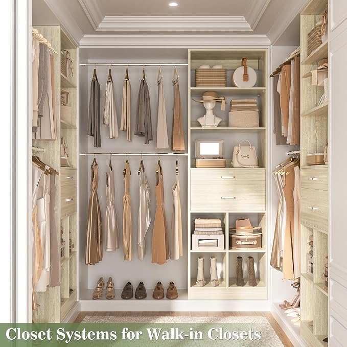Besiost Closet System, 4-8 FT Closet Organizer Tower with 2 Wooden Drawers and Shelves, Can Fit 60 to 96 inch Walk-in Closet System with 5 Hang Rods, Built-in, Greige Oak - Image 7