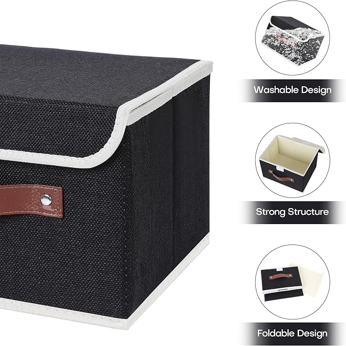 ANMINY Fabric Storage Box Bins with Lids, Black, 15"x10"x10", 2 Pack | Keepsake Memory Storage, Cotton Linen, PP Board Reinforced, Washable, PU Handles, Foldable & Stackable, Decorative, Large - Image 3