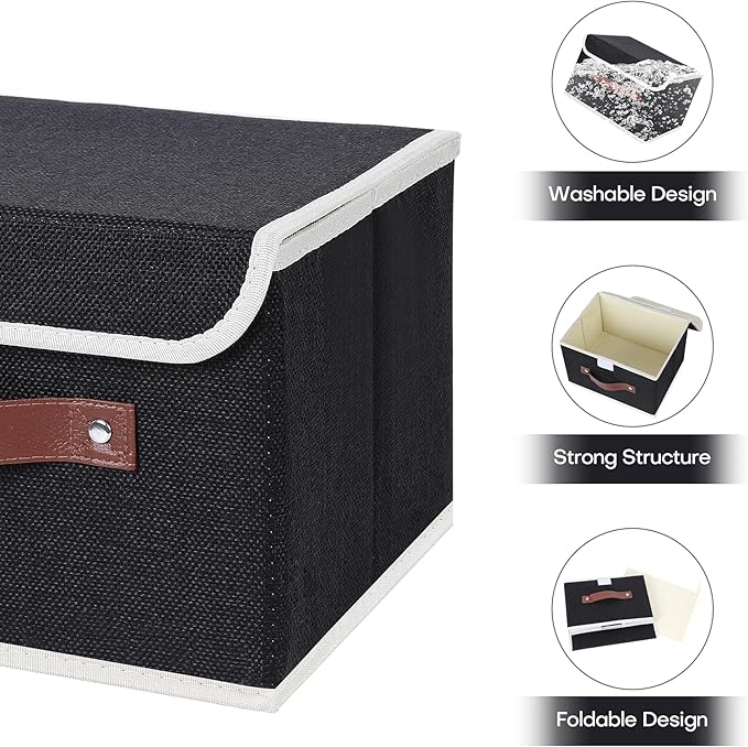 ANMINY Fabric Storage Box Bins with Lids, Black, 10"x8"x7" | Keepsake Memory Storage, Cotton Linen, PP Board Reinforced, Washable, PU Handles, Foldable & Stackable, Decorative, Small - Image 4