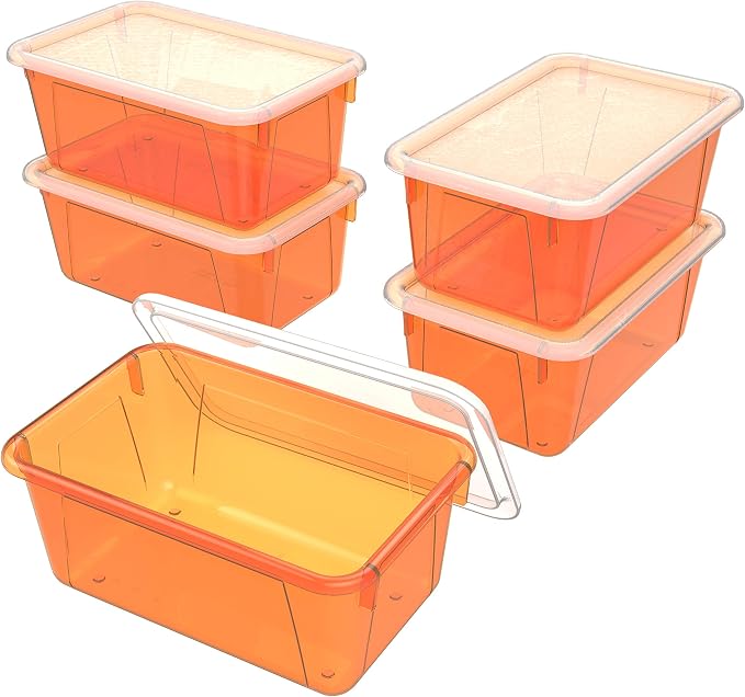 Storex Small Cubby Bins – Plastic Storage Containers for Classroom with Non-Snap Lid, 12.2 x 7.8 x 5.1 inches, Tint Orange, 5-Pack (62485U05C) by Storex