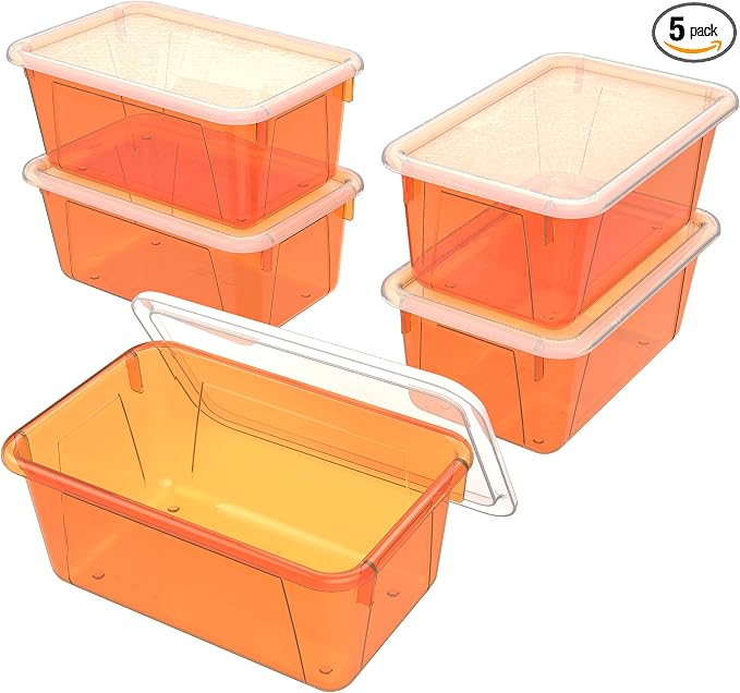Storex Small Cubby Bins – Plastic Storage Containers for Classroom with Non-Snap Lid, 12.2 x 7.8 x 5.1 inches, Tint Orange, 5-Pack (62485A05C) by Storex