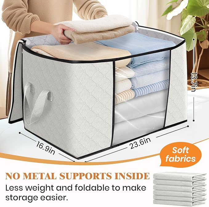 90L Clothes Storage, Foldable Thick Fabric Blanket Storage Bags | Foldable Containers with Zippers,Window and Handles for Organizing Bedroom, Closet, Comforter, Bedding,Dorm essentials - Image 2
