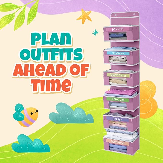 Weekly Clothes Organizer for Kids, Monday through Friday Clothing, 6 Shelf | Houseables Days of the Week Clothes Organizer, Kids Closet, Daily Outfit Storage, Weekday, M-F, School, Hanging, Over Door - Image 4