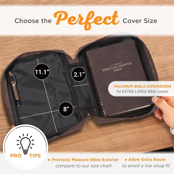 Christian Art Gifts Polyester Bible Cover for Men & Women w/Jesus Fish Patch, Secure Zipper Pocket, Pen Loops, Easy Carry Book Case for Stationery, Accessories, Brown, XL - Image 9