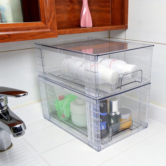 Clear Stackable Acrylic Storage Drawers(2 Pack), Plastic Organizer Bins with Handles, Easy Assembly for Bathroom Kitchen Pantry Cabinet Under Sink Snack Home Storage Solutions - Image 7