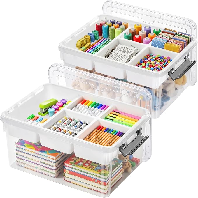 17QT 2Packs Clear Craft Organizers and Storage with Fixed-Compartment Tray, Art Supply Organizers and Storage, Craft Storage Bins with Lids for Beads, Markers, Playdoh, Tools and Coloring Books by Bienvoun