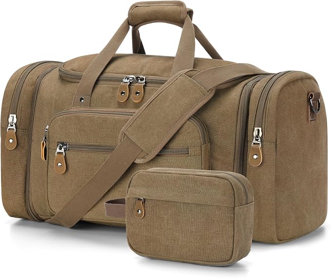 Gonex Canvas Duffle Bag, Expandable 60L Travel Overnight Weekender Bag | for Men, with Toiletry Bag, Multiple Pockets, Carry-On Size, Durable Zippers, Detachable Strap, Coffee by Gonex