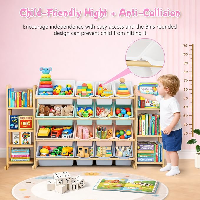 Kids Toy Storage Organizer with Bookshelf – Wooden Shelf with 16 Bins & 6 Shelves, Quick Assembly Storage Rack for Playroom, Bedroom, Nursery – Colorful - Image 4