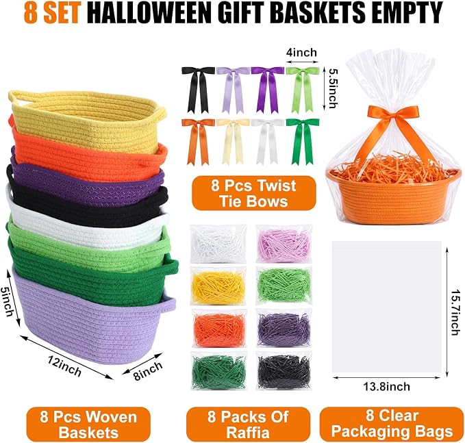 Hoolerry 8 Set Halloween Basket with Handles Cotton Rope Woven 12"x 8" x 5" | Trick or Treat Gift Baskets Empty with Bags Ribbon Bows Raffia, Candy Storage Bucket, for Halloween Home Decor Party Favors - Image 2