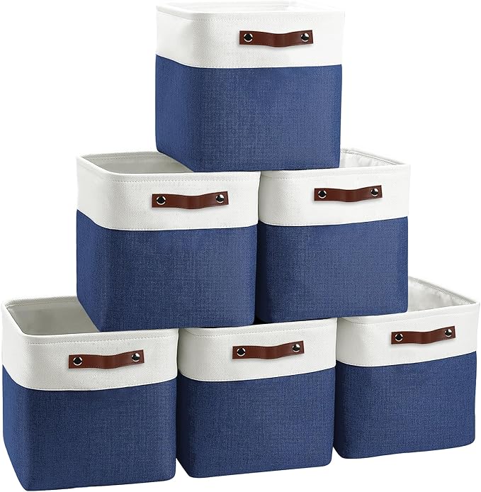 FinishingBo 11 inch Cube Storage Bin 6 Pack, Cube Organizer Bins | Fabric Storage Bins With Handles, 11x11 Storage Cubes, Shelf Basket, White/ Blue by SimplifySpaceSimplifyLife
