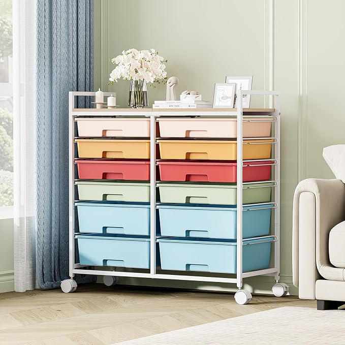 TOOLF 12 Drawers Rolling Storage Cart with Wooden Top for Classroom,Rainbow | Teacher Cart Craft Art Supply Organizer, Utility Cart with Lockable Wheels for Home Household Essentials, Office Organization - Image 8