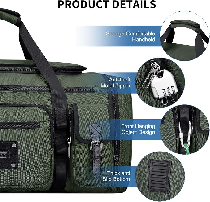 WITZMAN Duffle Bag for Men Large 54L Travel Duffel with Shoe Compartment | Water-resistant Nylon, Dry-wet Pocket, Fits 16" Laptop, Convertible for Gym, Weekender, Sports, Overnight, B717 Army Green - Image 7