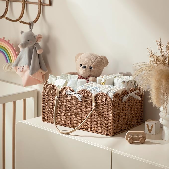 HBlife Large Baby Diaper Caddy, Paper Rope Storage Baskets Nursery Bin with Removable Divider, Portable Car Organizer for Diapers, Baby Shower Gifts, Newborn Essentials Must Haves - Image 3