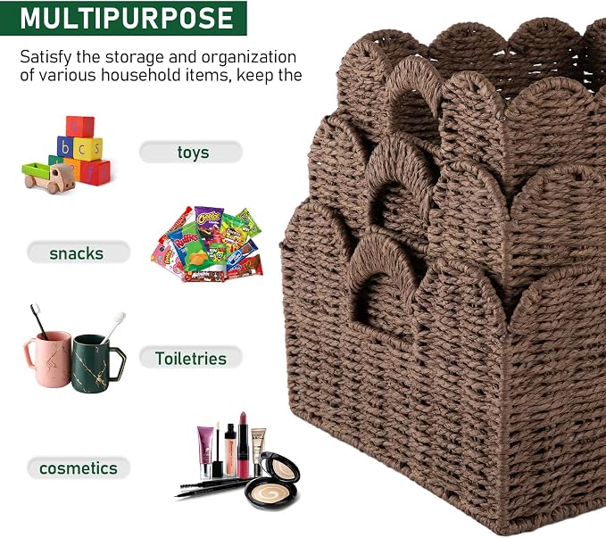 OIAHOMY Scalloped Wicker Baskets, Hand-woven Storage Baskets with Built-in Handles, Paper Rope Shelf Baskets for Organizing and Decoration, Set of 3-Brown - Image 4