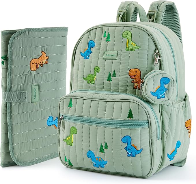 Large Diaper Bag Backpack with Changing Pad, Insulated Bottle Pockets, Travel & Hospital Bag for Mom & Dad (Large - Green Dinosaurs) by GoBabyMart