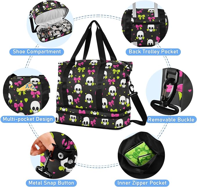 Travel Duffel Tote Bag Skull and Bow Sports Duffel Bag with Wet Pocket Weekender Overnight Bag for Women Men Gym Bag, Carry On Bag Hospital Bag for Labor and Delivery - Image 2