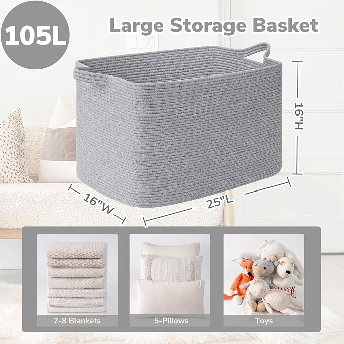 Goodpick 105L Extra Large Woven Rope Blanket Basket, Rectangle, Gray | 25'' x 16'' x 16'' Storage Basket for Blankets, Pillows & Clothes, Living Room & Bedroom Organization, Reinforced Handles - Image 3