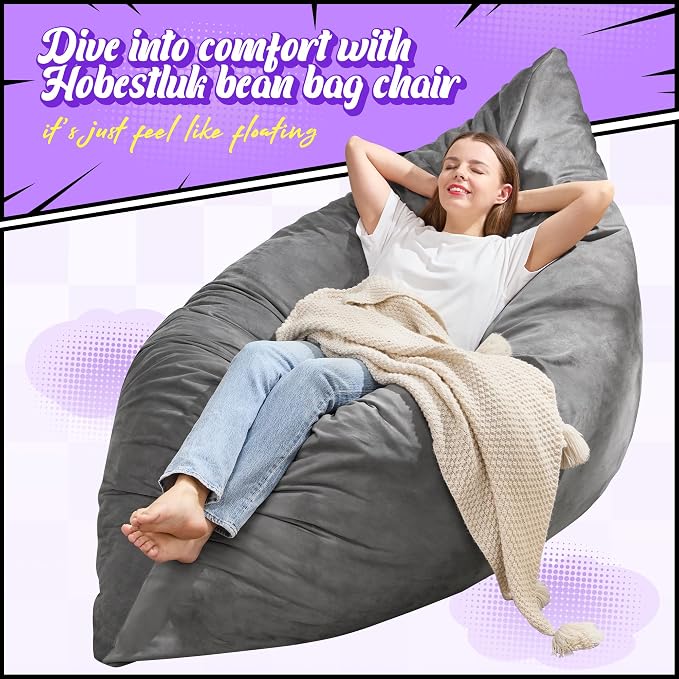 Hobestluk Adult Bean Bag Chair 3 in 1 Convertible Large Bean Bag Sofa | Velvet Grey,Machine Washable,Removable Cover,Easy Convert And Install, Oversied Floor Bed,For Livingroom Bedroom - Image 6