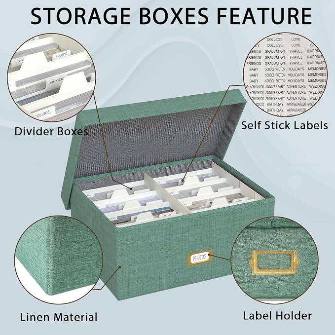 Decorative Photo Storage Box, Linen Photo Box Holds 1700 5x7 Pictures Green | Photo Storage Containers with 8 Dividers, Memory Keepsake Organizer for Photos, Scrapbook Supplies, Cards, Stamps,Archive Box - Image 3