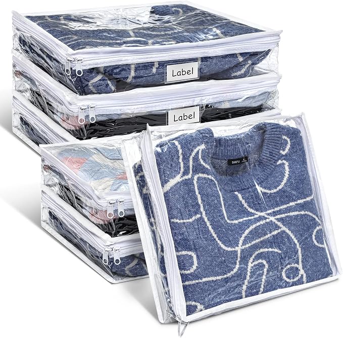 6pcs Clear Zippered Storage Bag Plastic Individual Sweater Storage Bag with Zipper Label Closet Clothing Organizer for Blanket Clothes Bed Sheet Comforter Quilt Pillow(14.2 x 12 x 3.2 Inch) by Hoolerry