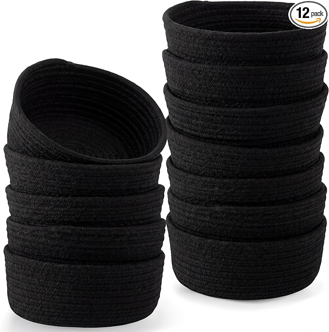 12 Pack Small Storage Basket Cute Natural Cotton Rope Woven Basket Tiny Boho Decorative Toy Storage Bin Gift Baskets for Home Organizing, Closet, Shelf, Nursery, Bathroom (Round,Black) by Yinkin