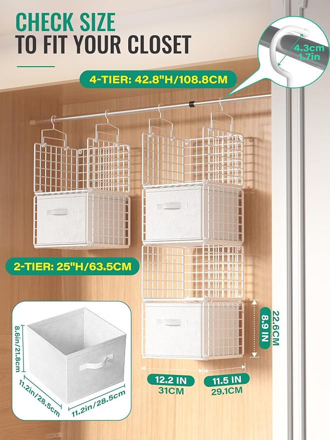Hanging Closet Organizer with Drawers, 4 Tier Metal Closet Organizers and Storage with 4 Hanging Hooks 4 S-Hooks for Wardrobe Laundry Room, Wire Storage Shelf for Clothes Sweaters Pants (White) - Image 2