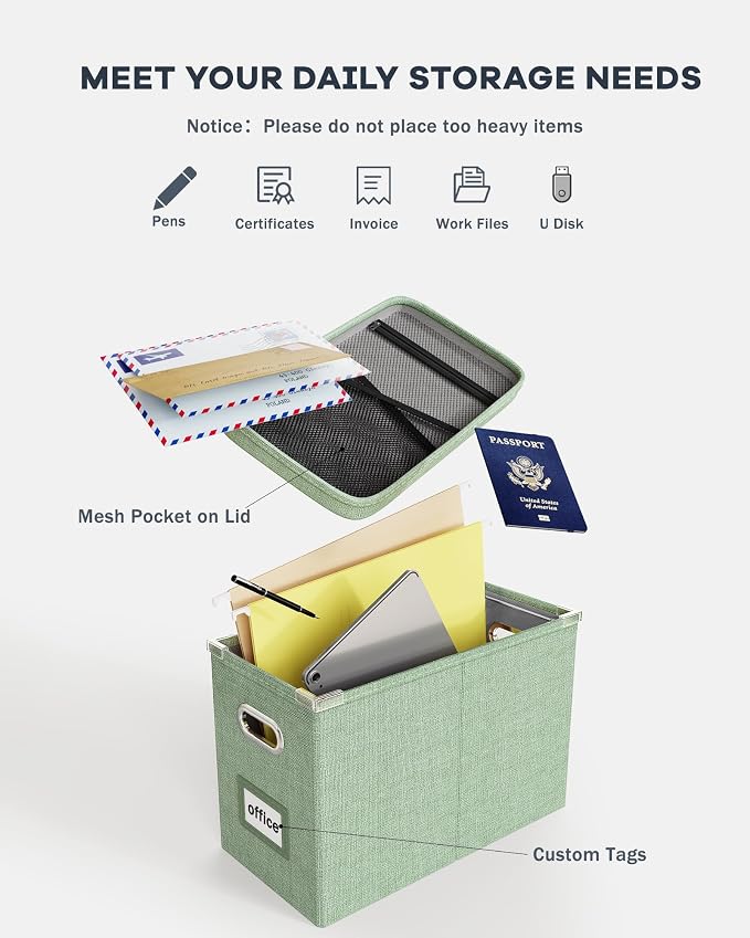 File Organizer Box with Lid, Hanging Filing File Box with Mesh Pocket, Document Organizer Box for Letter Files, Portable Storage Box(1 PCS, Green) - Image 4