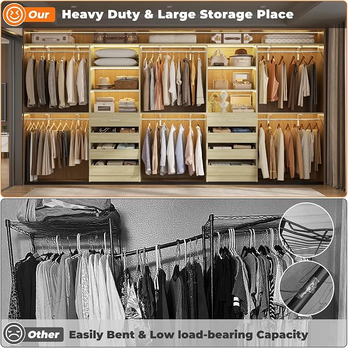 Aheaplus Closet System with Drawers Set of 2, Wood Closet Organizer System with 8 Hanging Rods & Top Shelves, Walk-in Closets Organizer Wardrobe Clothes Rack, Cut Fits Spaces 4-9FT. Wide, White Oak - Image 6