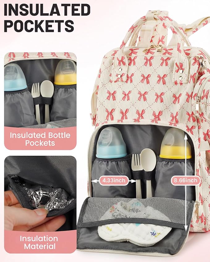 Corduroy Diaper Bag Backpack, Large Capacity Multifunction Baby Diaper Bags for Women, Insulated Bottle Pockets & Pacifier Case, Stylish Travel Nappy Changing Bags for Mom Dad (Bow Pink) - Image 3