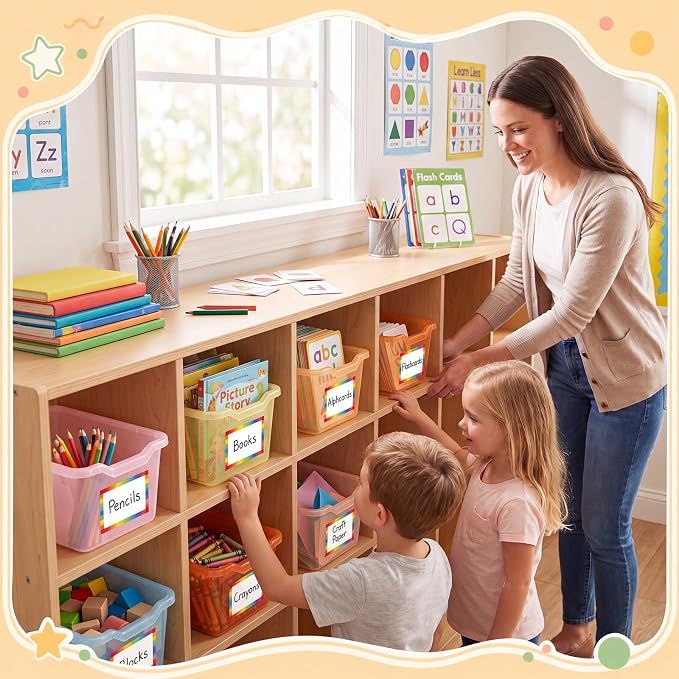 Funrous 24 Pack Plastic Cubby Bins for Classroom, Stackable Storage Bins with Rainbow Labels and Handles Cubby Organizer Containers for Teacher Supplies Home Office Daycare and Playroom (Orange) - Image 7