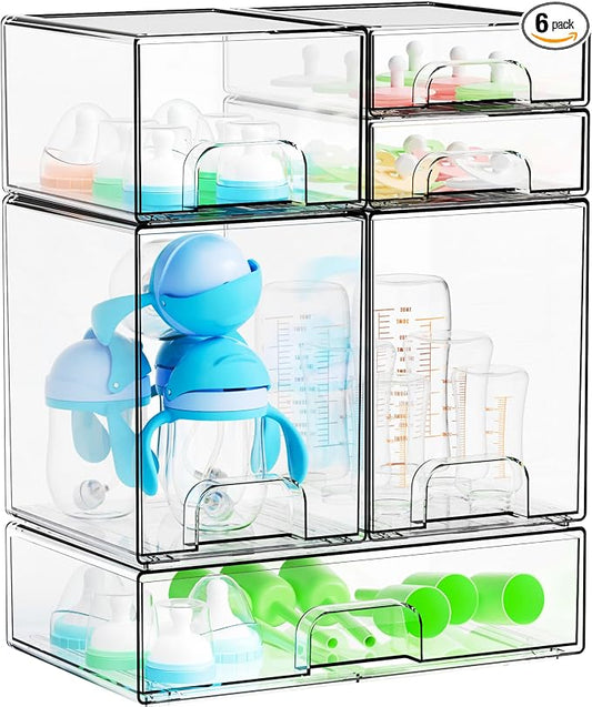 6 Set Clear Baby Bottle Organizer for Countertop,BPA FREE Bottle Station Organizer for Breast Pump Parts,Pacifier and Baby Accessories,Stackable Drawers for Bathroom,Cabinet,Pantry Organization by Yieach
