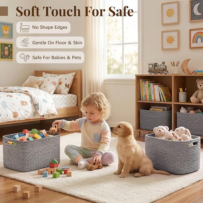 OIASKET 4Packs Natural Cotton Rope Storage Baskets for Organizing Toys, Clothes, Towels & Books, Soft Versatile Organizers for Shelves, Home Decorative Bins, 13''Lx9''Wx7.8''H, Grey - Image 4