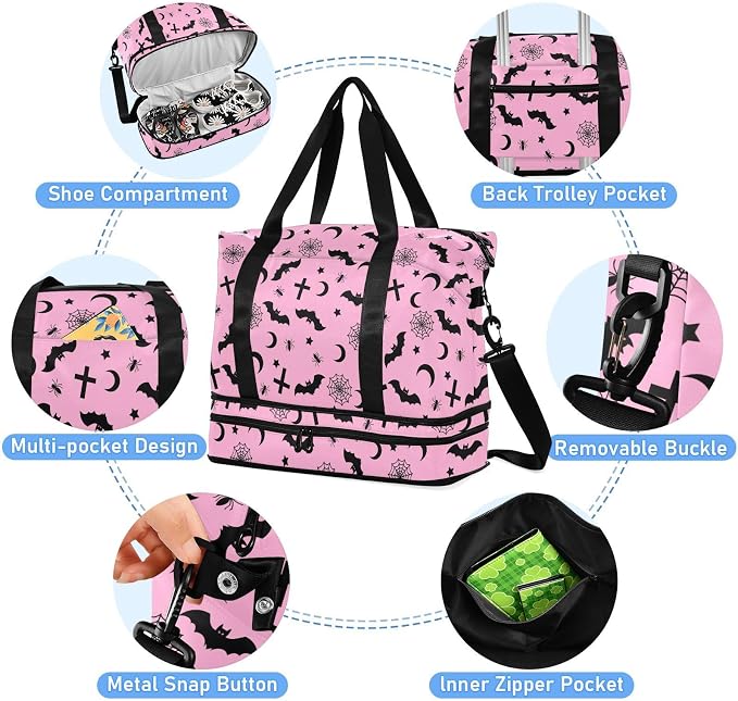 Gothic Pink Travel Duffel Tote with Bats - Sports Weekender Overnight Gym Carry On Hospital Bag for Women & Men - Image 4
