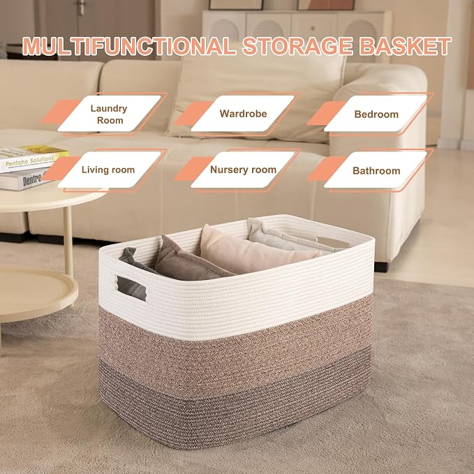 OIAHOMY 108L Extra Large Blanket Basket Dog Toy Basket radient Dark Brown | Rectangle Woven Baskets for Storage Cotton Rope Basket For Living Room Toy Storage Blanket Storage Laundry Basket - Image 4