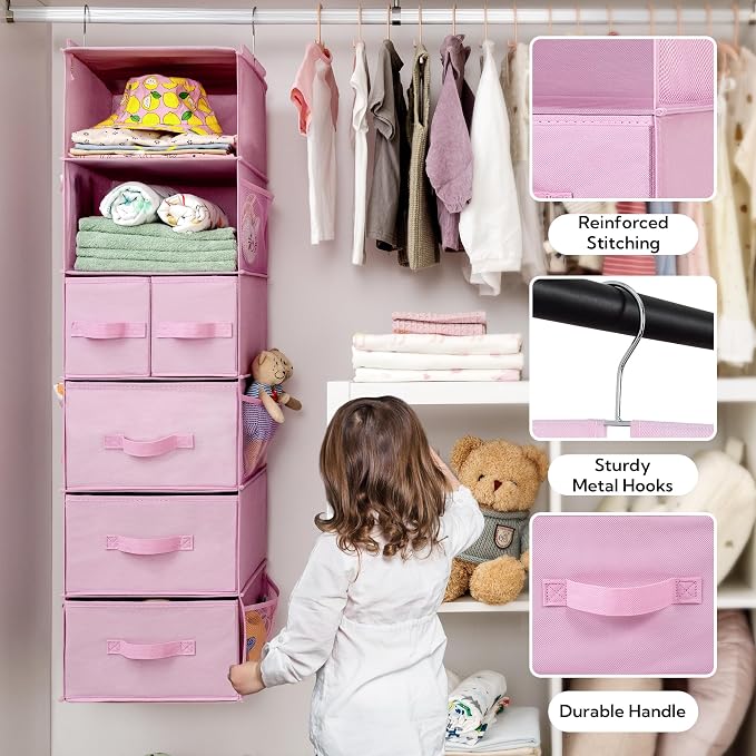 GRANNY SAYS Hanging Closet Organizer, 5 Drawers, 6 Shelves, 6 Pockets, Pink | Hanging Closet Organizer with 5 Different Drawer Designs, 6 Shelves & Reinforced Structure for Organized Small Spaces - Image 5