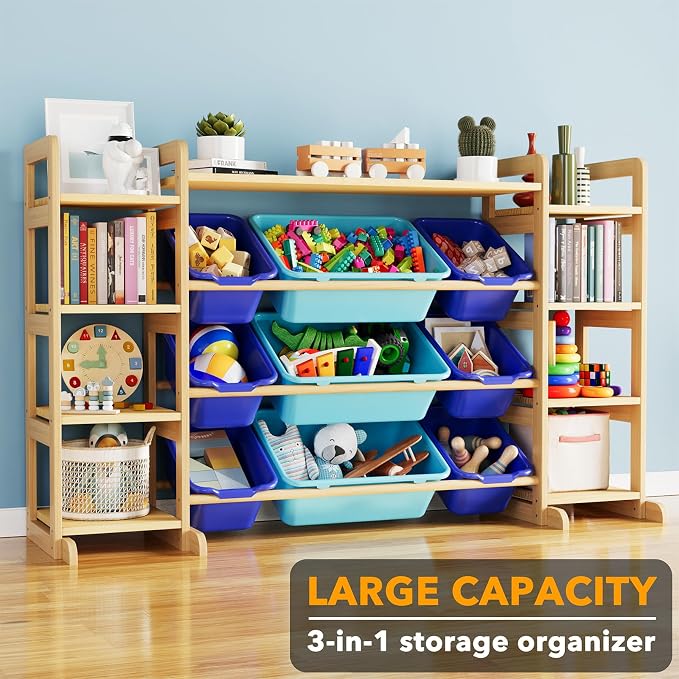 SpaceAid Large Toy Storage Organizer 9 Shelves 9 Bins, Toy Organizers Storage Bookshelf, Kids Bin Shelf Toys Box Bookcase for Bedroom Playroom Organization Room Decor, Blue and Navy Blue - Image 4