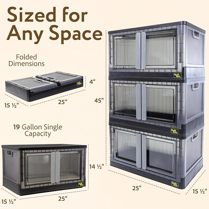 Quik Box - 19 Gallon 3 Pack Stackable Storage Bins with Doors, Collapsible Organizer Foldable Container, for Bedroom Living Room Neat, Tidy Dorms and Organized Homes, Boxes - Image 6