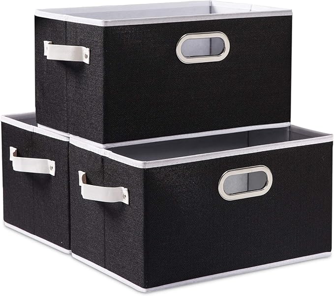 Fodable Storage Bins for Closet [3-pack] Decorative Fabric Storage Baskets Cubes with Leather/Metal Handles for Shelves Bedroom Living Room Black (11.5x8.5x6.7 Inch) by Prandom