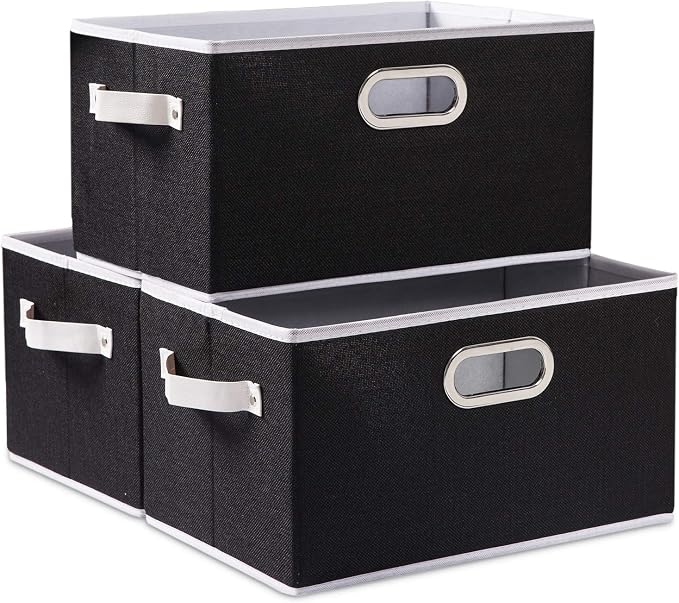 Large Collapsible Storage Bins for Closet [3-pack] Decorative Fabric Storage Baskets Cubes with Leather/Metal Handles for Shelves Bedroom Living Room Black (14.9x9.8x8.3 Inch) by Prandom