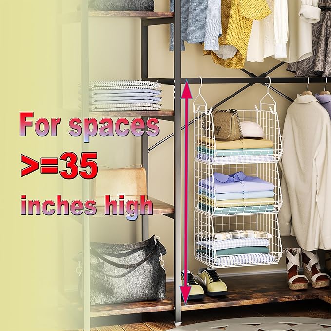 X-cosrack 3 Tier Foldable Closet Organizer, Clothes Shelves with 5 S Hooks, Wall Mount&Cabinet Wire Storage Basket Bins, for Clothing Sweaters Shoes Handbags Clutches Accessories-White Patent Design - Image 4