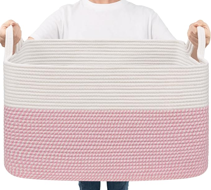 Goodpick Large Woven Rope Blanket Basket, Rectangle, White & Pink | 21.6'' x 14.9'' x 11.8'' Storage Basket for Baby Toys & Kids Essentials, Nursery & Bedroom Organization, Reinforced Handles by Goodpick