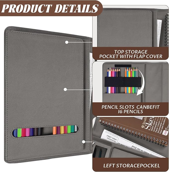 Plinyvel Gray Leather Sketchbook Cover 5.5x8.5, Travel Drawing Portfolio | Portable sketch kit organizer, pencil holder, Fits 5.5x8.5 Sketch Book, Spiral Pad, Compact artist storage case - Image 5