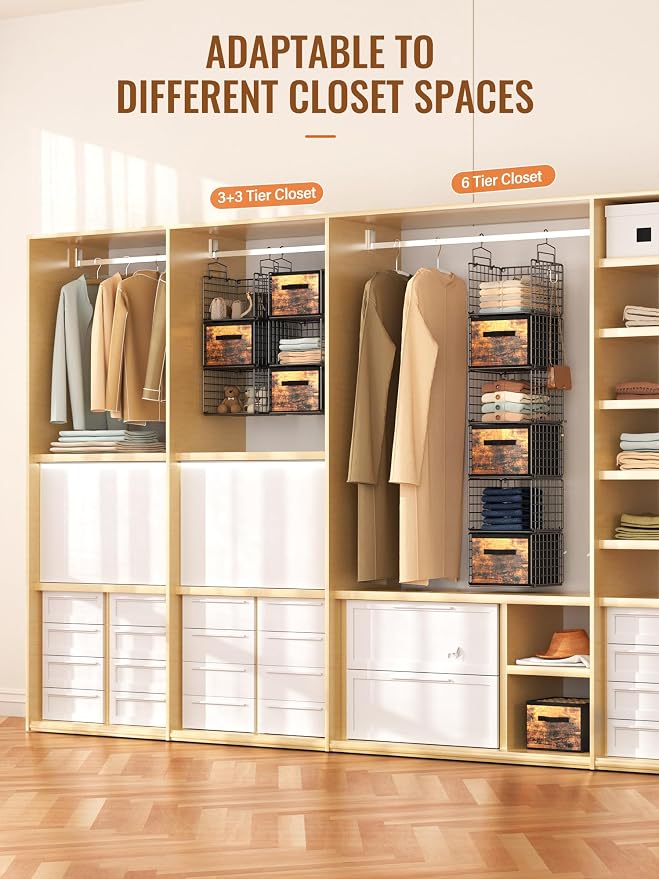 Closet Hanging Organizer with Drawers, 6 Tier Metal Closet Organizers and Storage with 4 Hanging Hooks 4 S-Hooks for Wardrobe Laundry Room, Wire Storage Shelf for Clothes Sweaters Pants (Black) - Image 5