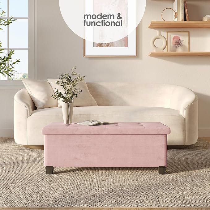 Storage Ottoman Bench with Bins, 43-in Storage Bench for Bedroom End of Bed, Folding Foot Rest Ottoman for Living Room Max 660lbs, Velvet Ottomans, Pink - Image 3