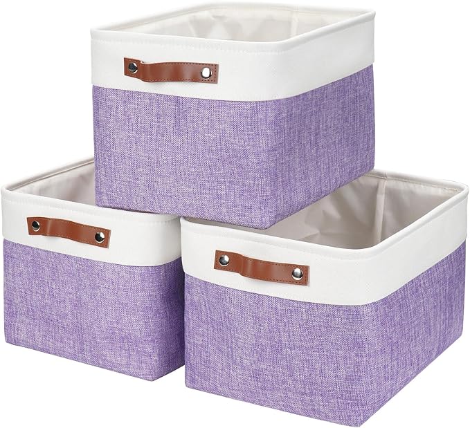 Storage Bins Large Fabric Storage Baskets for Shelves 3 Pack, Decorative Linen Closet Baskets with Handles for Organizing, Shelf, Clothes, Home, Office, 15x11x9.5Inches (Purple&White) by Bagnizer