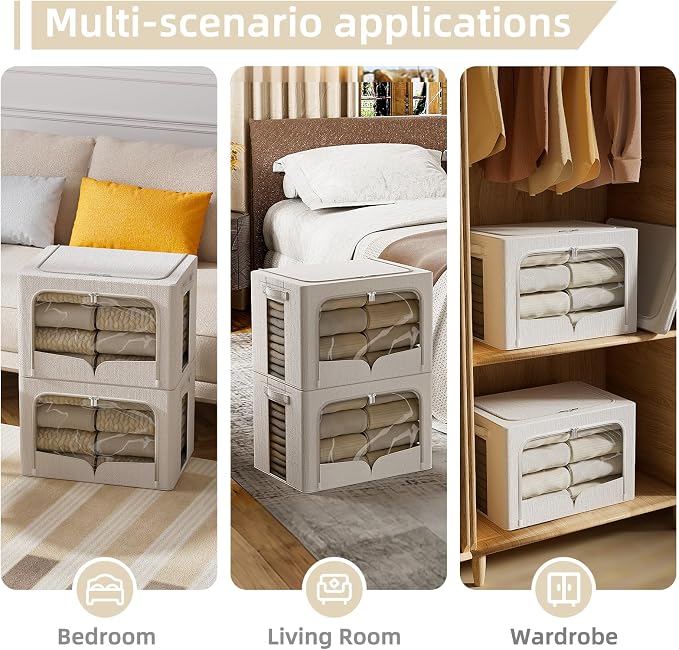 FHSQX 3 Pack Clothes Storage Bins with Metal Frame | 15.7x11.8x9.8inch (30L),Foldable, Stackable, Linen Fabric, Carrying Handles, Clear Window - Image 2
