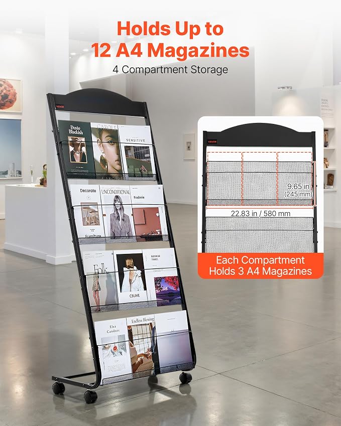 VEVOR Brochure Display Rack, 4-Tier Magazine Literature Display Stand with Wheels, Movable Floor Standing Magazine Rack, Heavy Duty Newspaper Catalog Holders for Shop Exhibitions Office Craft Fairs - Image 2